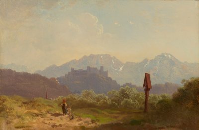 Partij bij Salzburg met uitzicht op de vesting Hohensalzburg en de daarachter oprijzende Untersberg door Adolf Heinrich Lier