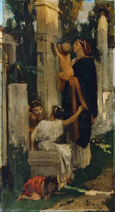 Antieke begraafplaats scène (vrouw met kinderen die een graf versieren) door Adolf Hiremy Hirschl