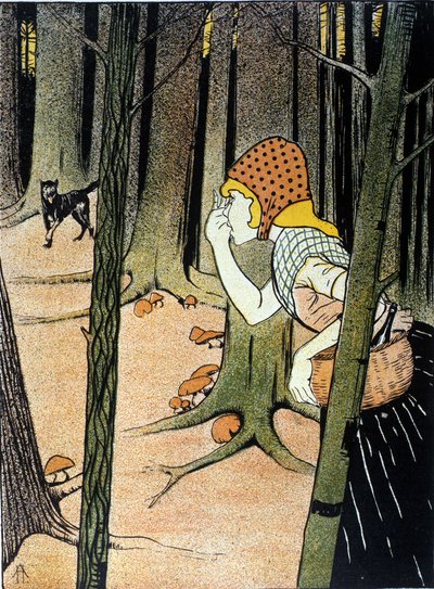 Roodkapje. Verhaal van de gebroeders Jacob Grimm (1785-1863) en Wilhelm Grimm (1786-1859). Illustratie door Adolf Hofer door Adolf Hofer