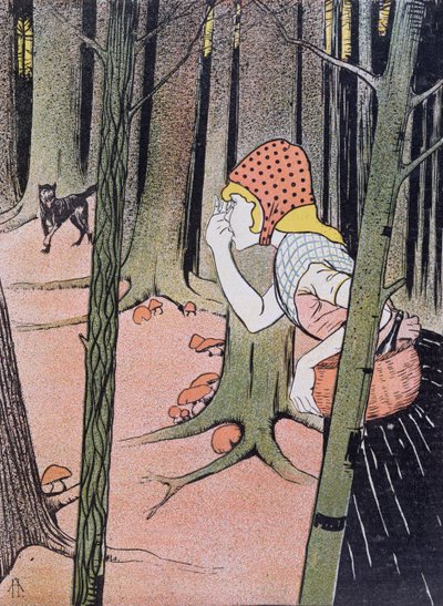 Roodkapje ziet de Wolf in het bos, illustratie uit Jugend gepubliceerd in München 1896 door Adolf Hofer