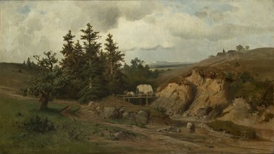 Landschap met een houten brug door Adolf Kosárek