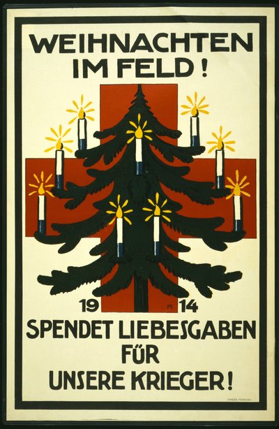 Kerstcampagne van het Duitse Rode Kruis met verzoek om pakketten naar de troepen aan het front te sturen, uitgegeven in München door Adolf Munzer