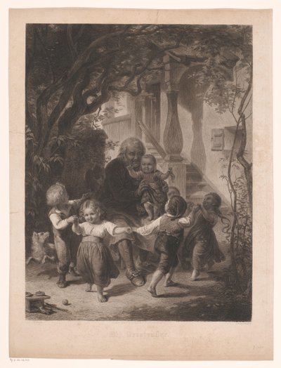 Kinderen dansen in een kring rond een oude man door Adolf Wagenmann