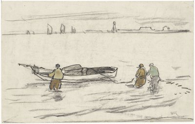 Drie in het water staande mannen halen een zeilboot naar de kant door Adolf le Comte