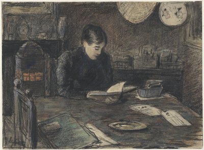 Lezende vrouw aan een tafel door Adolf le Comte