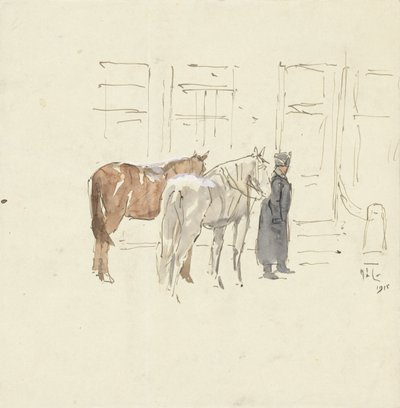 Man met twee paarden voor een gebouw door Adolf le Comte