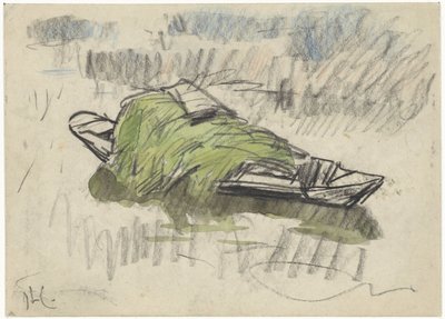 Schuit met gras door Adolf le Comte