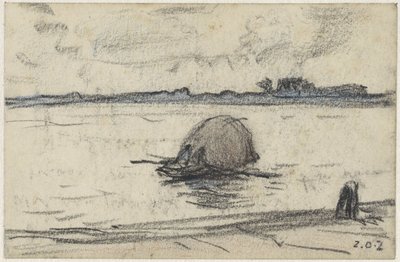 Schuit met hooi op een rivier door Adolf le Comte