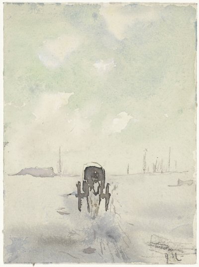 Winterlandschap met paard en wagen door Adolf le Comte