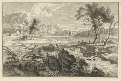 Arcadisch landschap met rotsen en rivier door Adolf van der Laan