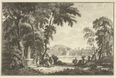 Arcadisch rivierlandschap met figuren die een beeld aanbidden door Adolf van der Laan