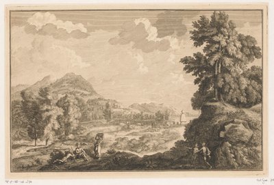 Arcadisch rivierlandschap met herders en vrouw met een wasmand door Adolf van der Laan