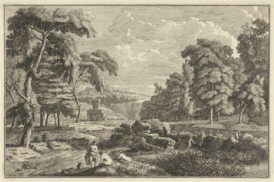 Arcadisch rivierlandschap met vijf badende vrouwen en een hert door Adolf van der Laan