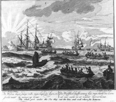 “De walvis zwemt onder het ijs, men kapt de lijn en zoekt waar hij weer boven komt.” (nr. 4 uit de serie walvisvaart) door Adolf van der Laan