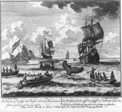 „De walvis met de kop naar beneden, de staart omhoog, harpoeniers staan gereed om te lansen“ (nr. 5 uit de serie walvisvaart) door Adolf van der Laan