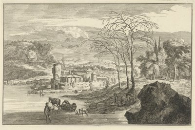 Winterlandschap met gezicht op een stad door Adolf van der Laan