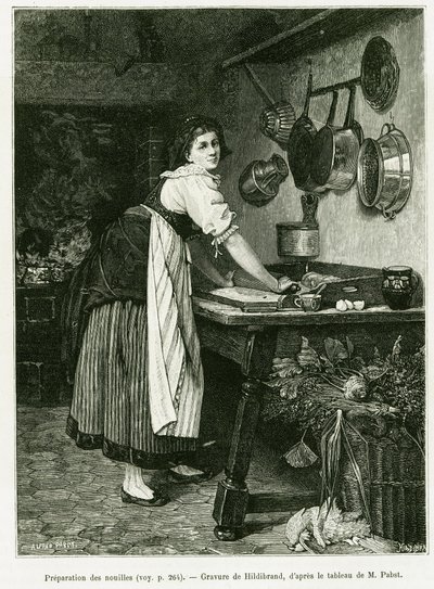Noodle voorbereiding. Gravure door Hildibrand, ter illustratie van het verhaal 