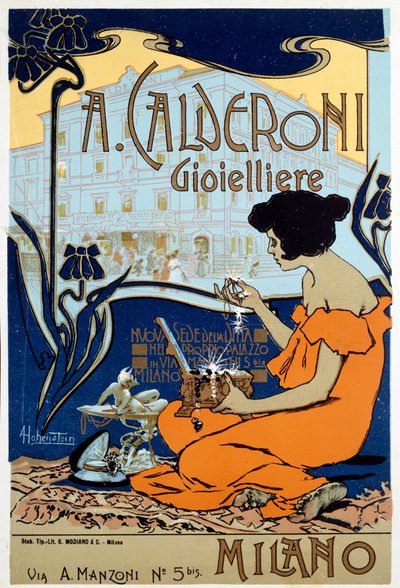 Reclameposter voor Calderoni juwelier in Milaan, ca. 1920 door Adolfo Hohenstein