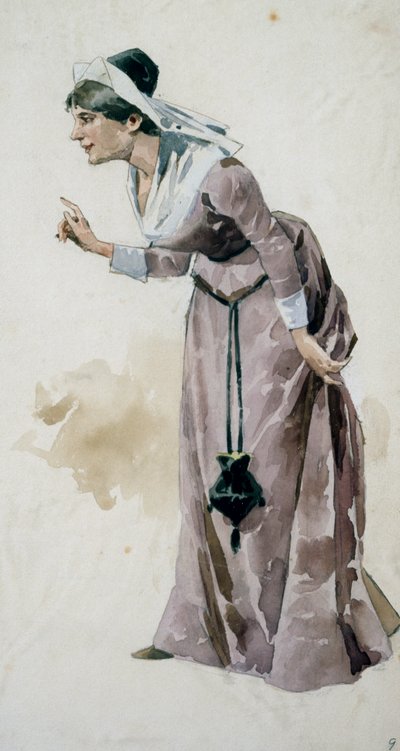 Kostuumschets door Adolf Hohenstein (1854-1928) voor de première van de opera Falstaff, door Giuseppe Verdi (1813-1901), uitgevoerd in het La Scala Theater in Milaan, 9 februari door Adolfo Hohenstein