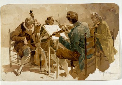 Vier muzikanten Drie violisten en een cellist. Poster door Adolfo Hohenstein (1854-1928) Dim. 293x454 cm Privécollectie door Adolfo Hohenstein