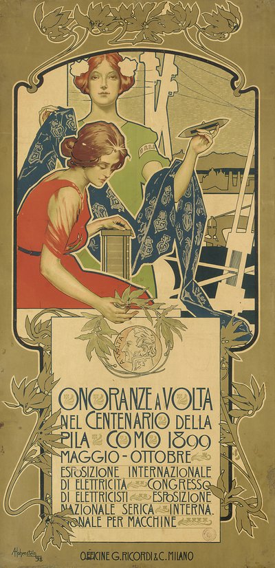 Poster ter Reclame van de Tentoonstelling van Elektrische Producten ter Ere van de 100e Verjaardag van de Geboorte van Alessandro Volta door Adolfo Hohenstein