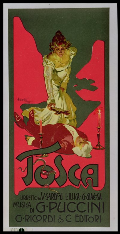 Tosca, poster die een voorstelling adverteert door Adolfo Hohenstein