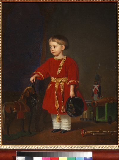 Portret van een jongen in een rode jurk met militair speelgoed door Adolph Gebens
