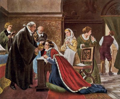 Keizerin Elisabeth doet de communie volgens de protestantse ritus (kleurenlitho) door Adolph (after) Treidler