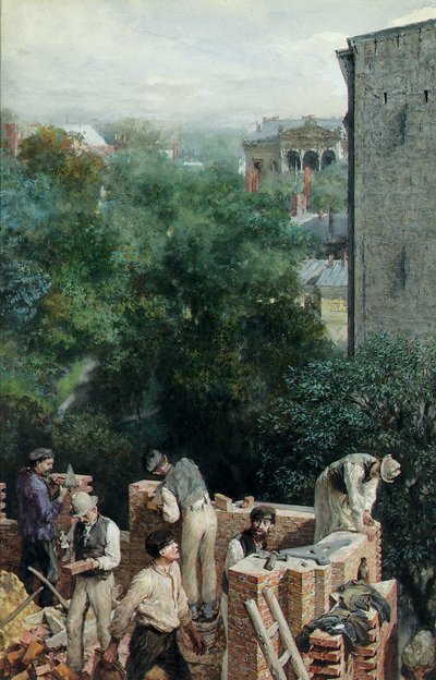Metselaars op een bouwplaats, 1875 door Adolph Menzel