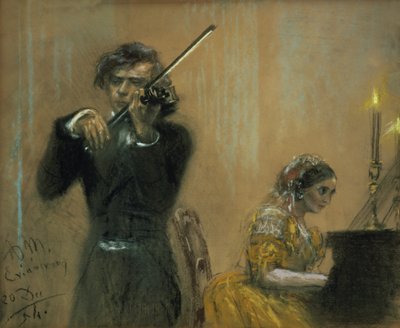 Clara Schumann (1819-96) en Joseph Joachim in concert door Adolph Menzel