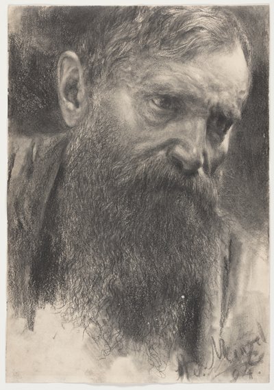 Hoofd van een bebaarde man in halfprofiel door Adolph Menzel