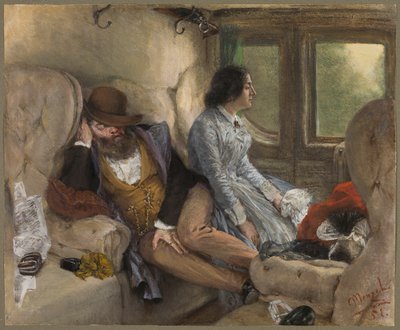 In een treinwagon (na een nachtelijke reis) door Adolph Friedrich Erdmann von Menzel