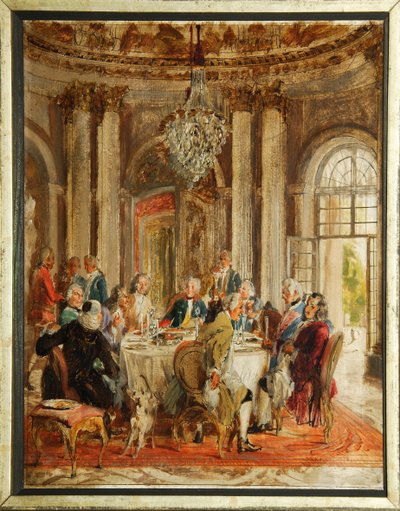 De ronde tafel van Frederik II van Pruisen met Voltaire en Christoph Ludwig von Stille in het paleis van Sanssouci - Schets van Adolph Friedrich von Menzel, olie door Adolph Menzel