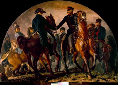 Ontmoeting van Gebhard Leberecht von Blücher (1742-1819) en Arthur Wellesley Wellington (1769-1852), bij de Slag van La Belle Alliance (1815). Schilderij door Adolf Menzel (1815-1905) door Adolph Menzel