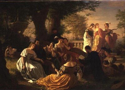 Venetiaans feest lezen in een tuin door Adolph Friedrich George Wichman