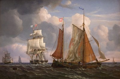 Schepen zeilen en laveren tegen de wind in de Sont door Adolph Friedrich Vollmer