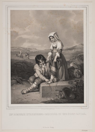 Een Romeinse herdersjongen bindt de sandaal van een jong meisje vast door Johan Adolph Kittendorff