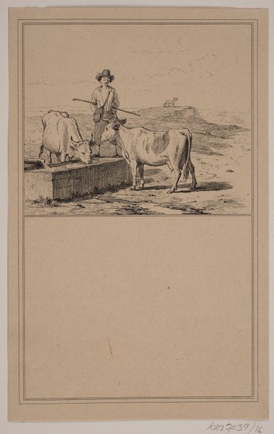 De koe bij het water geven. Nr. 15 in Chr. Winther en M. Rørbye, "25 Afbeeldingen voor kleine kinderen" door Johan Adolph Kittendorff