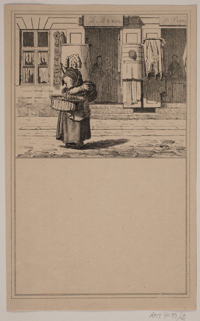 Vrouwen bij de winkel. Nr. 20 in Chr. Winther en M. Rørbye, "25 Afbeeldingen voor kleine kinderen" door Johan Adolph Kittendorff