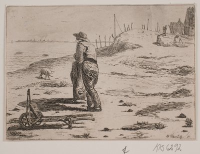 Kustpartij met staande visser door Johan Adolph Kittendorff