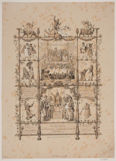 Herdenkingsblad van het kunstenaarscarnaval op 3 maart 1854 door Johan Adolph Kittendorff