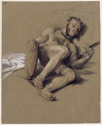 Naaktstudie, een man met een baard die aan de linkerkant op de grond ligt, met een zwaard en een schild in zijn handen; studie ter gelegenheid van de meerderjarigheid van de kroonprins in 1850 door Adolph Menzel