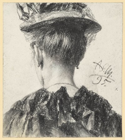 Buste van een vrouw met hoed, gezien van achteren door Adolph Menzel