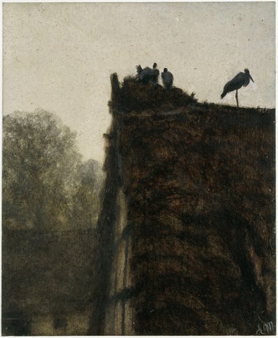 Het ooievaarsnest op het rieten dak. Uit het „Kinderalbum“ door Adolph Menzel
