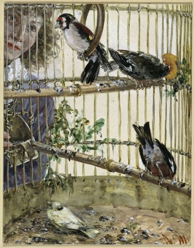 De distelvinken en de kanarie in de boerderij. Uit het „Kinderalbum“ door Adolph Menzel