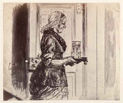 De dienstmeid komt de rechtszaal binnen met het glas water dat Adam haar heeft opgedragen te brengen, uit „De gebroken kruik“ van Heinrich von Kleist door Adolph Menzel