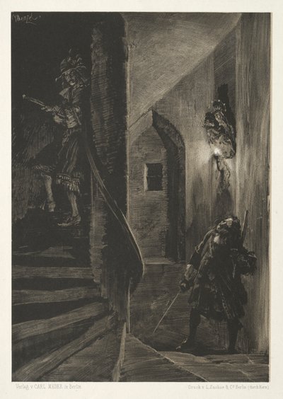Essay op steen met penseel en schraper: Achtervolging op de kronkelende trap, 1851 door Adolph Menzel