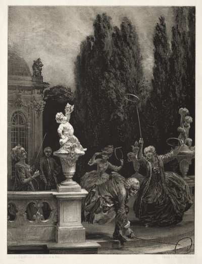 Essay on Stone with Brush and Scraper: Spelen met Hoepels op het Kasteelterras, 1851 door Adolph Menzel