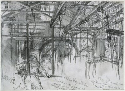 Halle in de walserij van Königshütte. Studie over „De ijzerwalserij. Moderne cyclopen” door Adolph Menzel