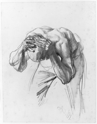 Een arbeider die zich wast. Studie voor „De ijzerwalserij. Moderne cyclopen“ door Adolph Menzel